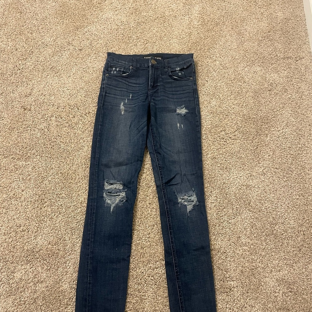 Express Dark Blue Distressed High Rise Skinny Jeans, Size: 2